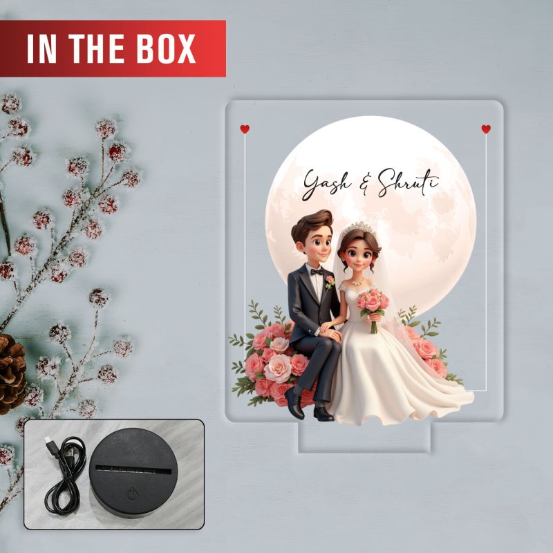 Personalized Wedding Couple LED Night Light with Moon and Roses, Warm White Acrylic Lamp with Black Base Wedding Gift for Friends Customized Gifts for Couple